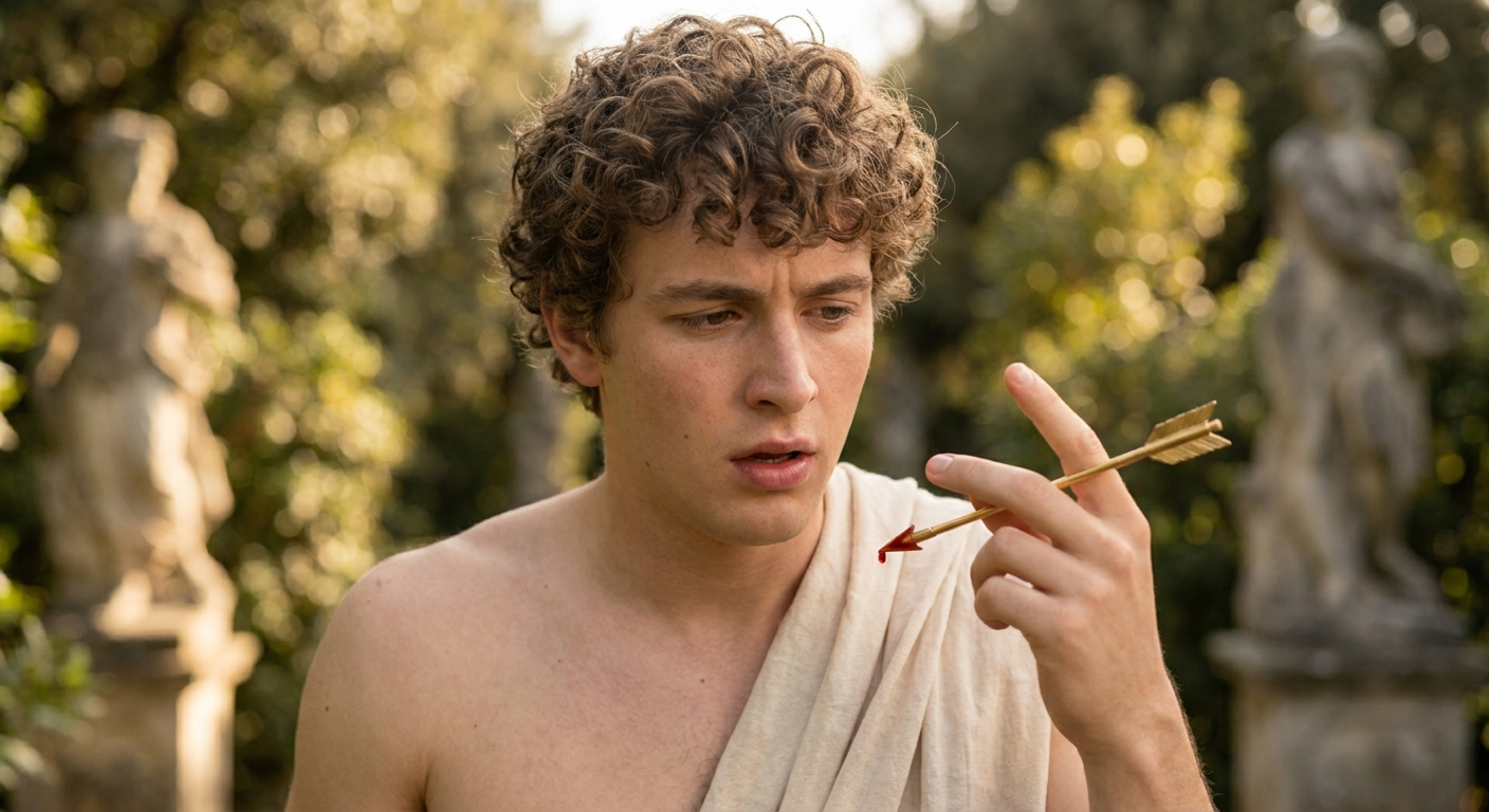 Close-up composition of Eros pricked by his own arrow, a small drop of blood and softened expression indicating the instant love reverses the plan.