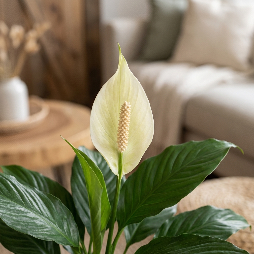Close-up photo of a peace lily bloom with a creamy white spathe and pale spadix rising above glossy green leaves in a living room