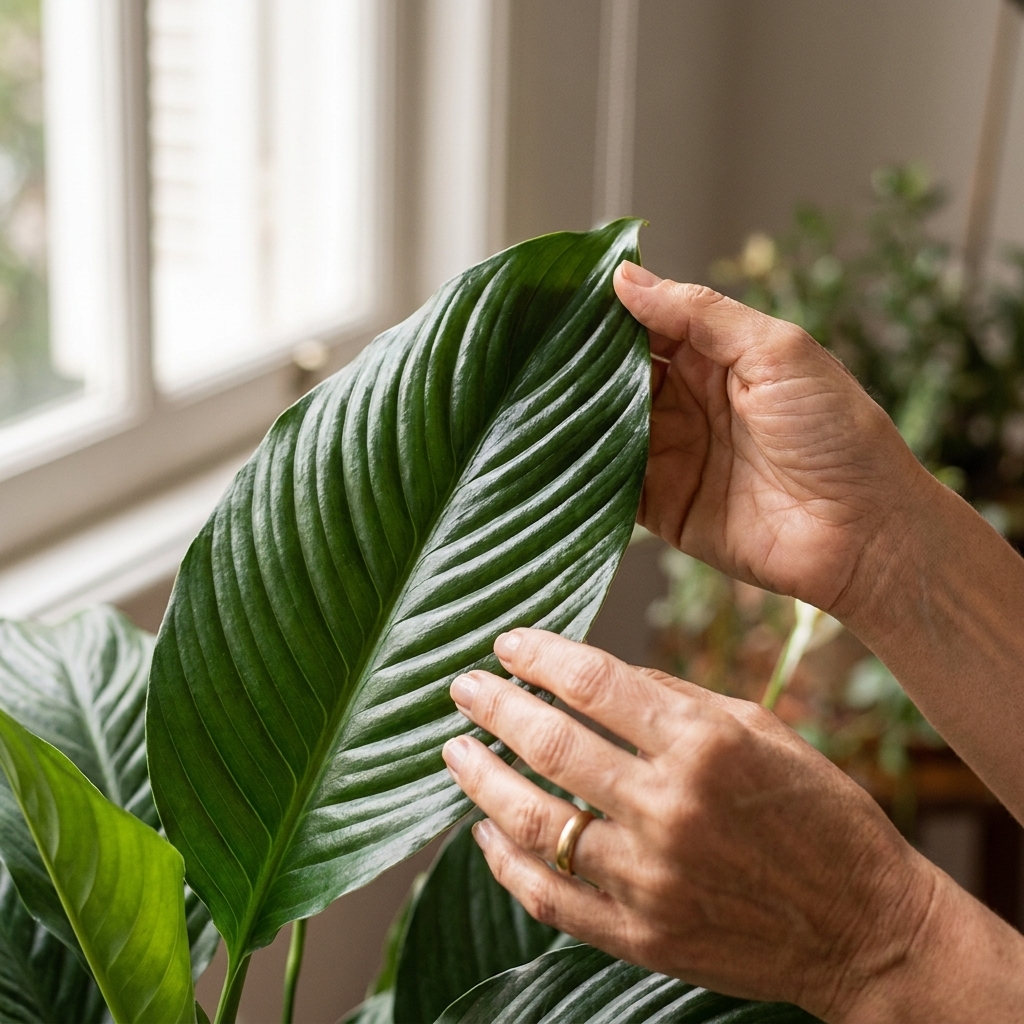 Close-up photo of a peace lily leaf being gently held to show its glossy surface and visible veins in soft window light