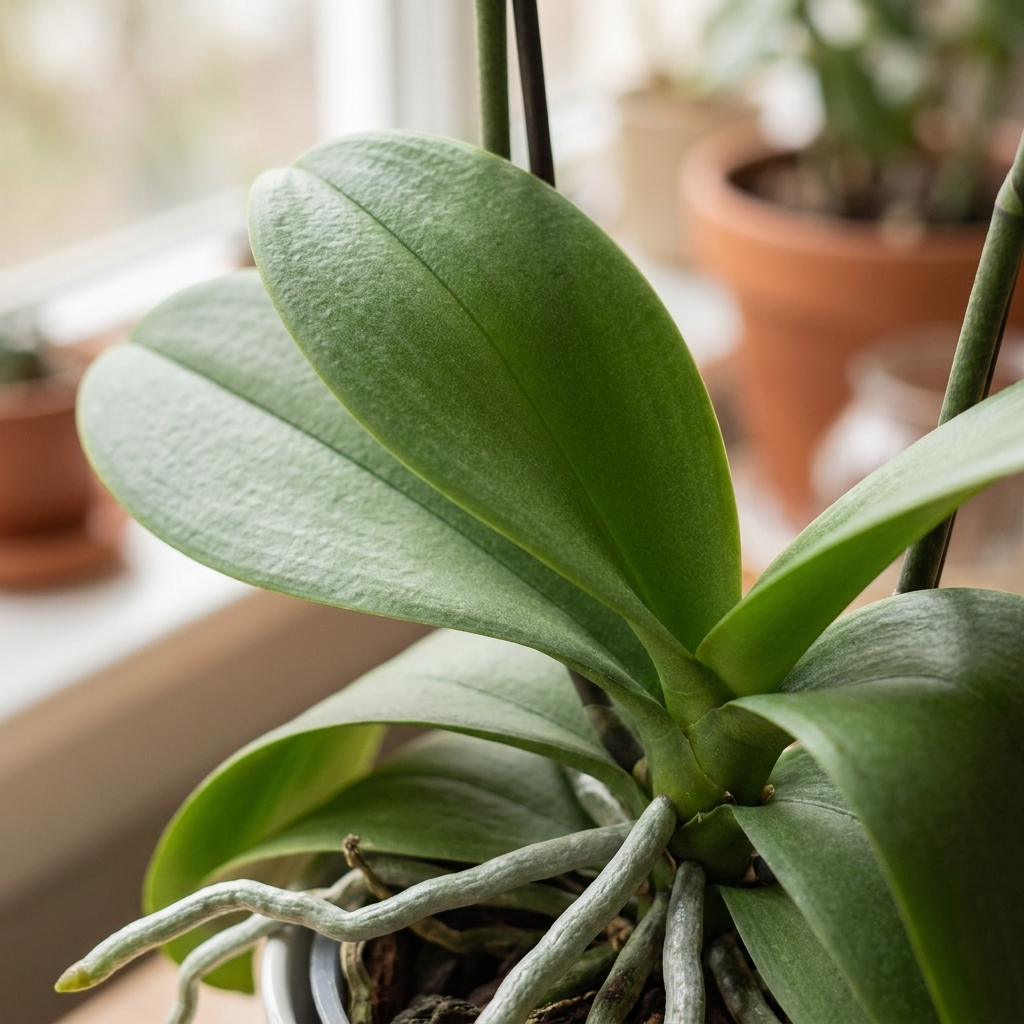 Close-up photograph of healthy medium-green Phalaenopsis orchid leaves and aerial roots in indirect daylight, natural indoor setting