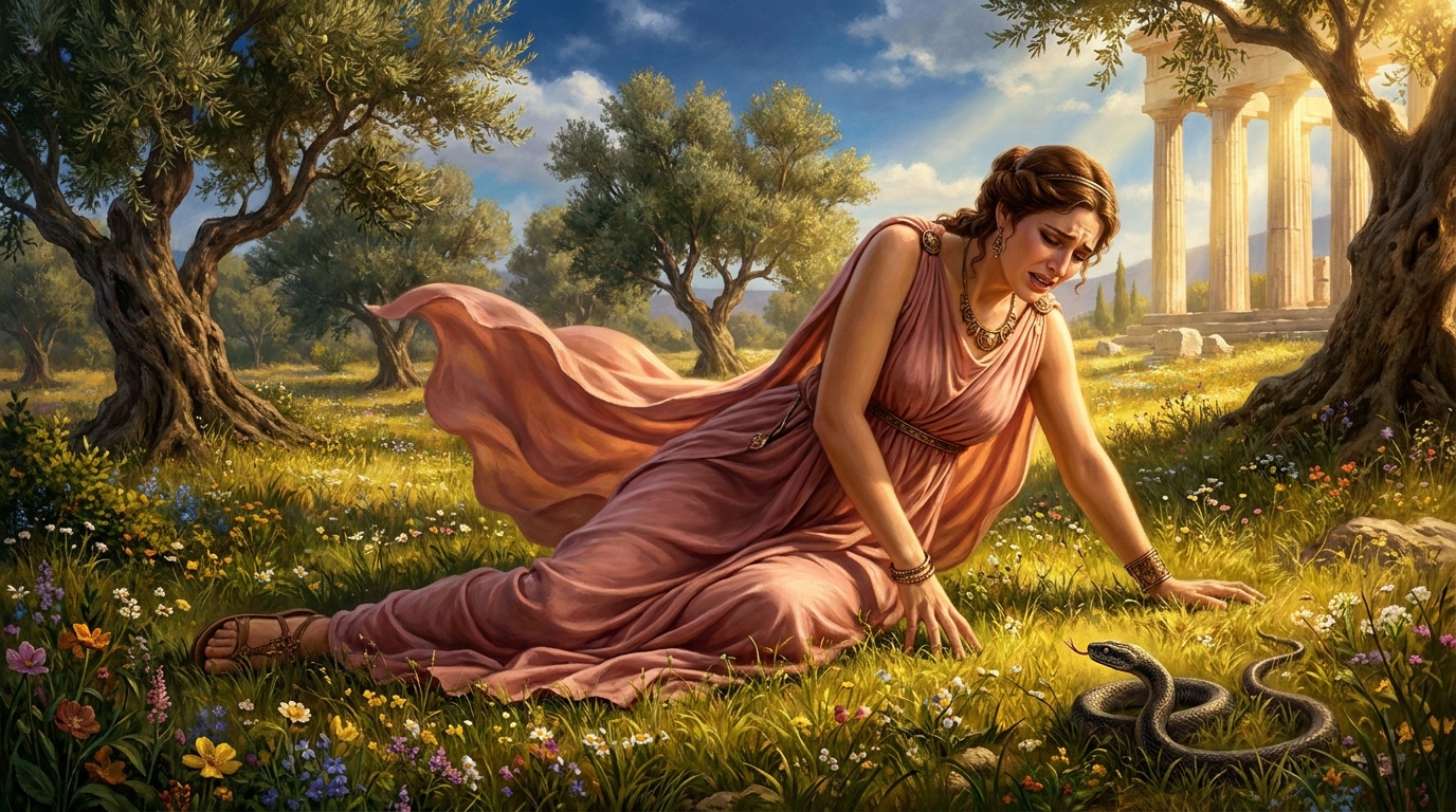 Eurydice, an adult woman in a flowing peplos, collapsing in a sunlit Mediterranean meadow as a serpent coils in the grass nearby, olive trees and distant marble columns behind her, painterly realism with tragic stillness