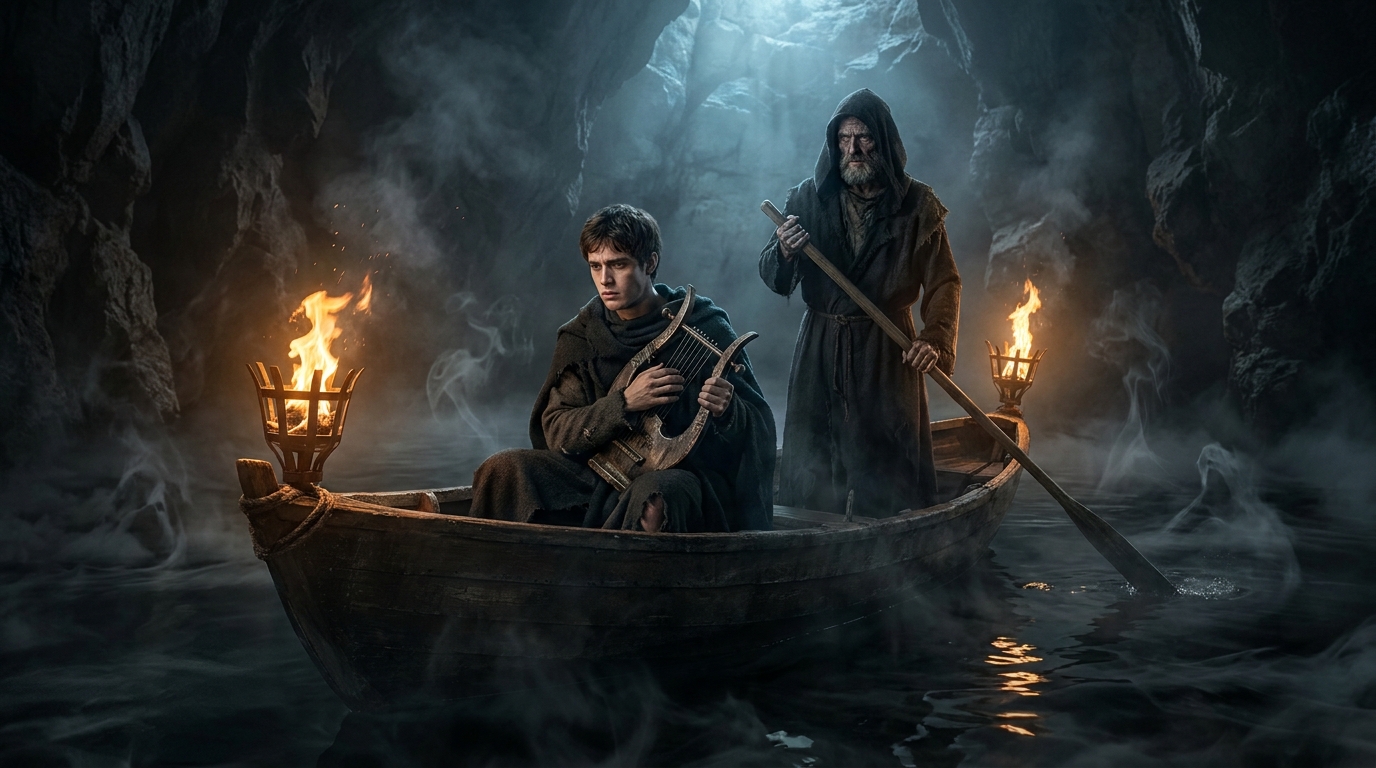 Orpheus standing in a small wooden boat on the River Styx as Charon rows, both lit by dim torchlight, mist rising from black water, Orpheus holding a lyre close to his chest, ancient Greek clothing and solemn Underworld atmosphere