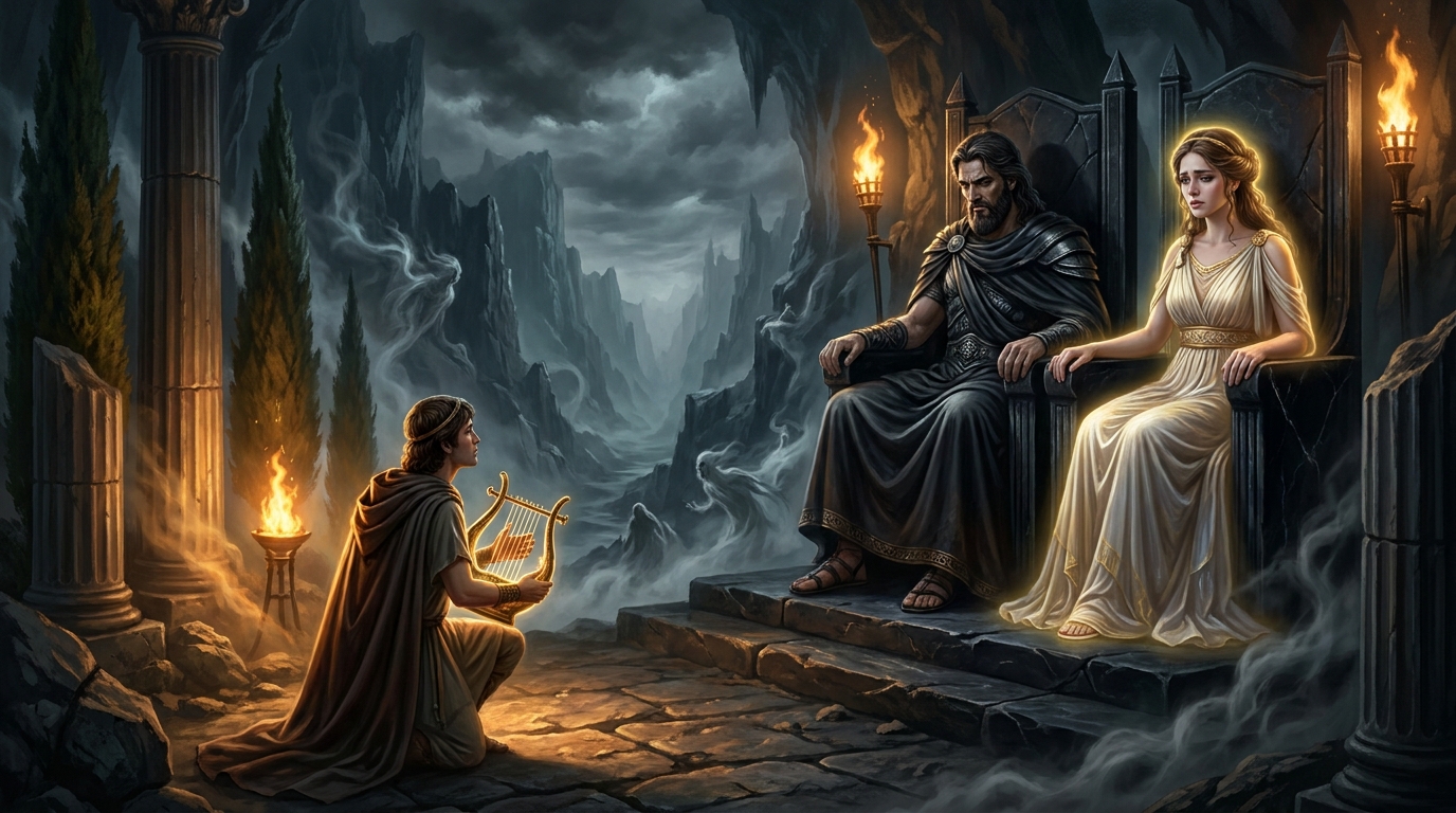 Hades and Persephone seated on dark stone thrones in the Underworld, Persephone in regal ancient Greek garments with a subtle divine glow, Hades in shadowed royal attire, while Orpheus kneels with a lyre in his hands, torchlit columns and cypress silhouettes behind
