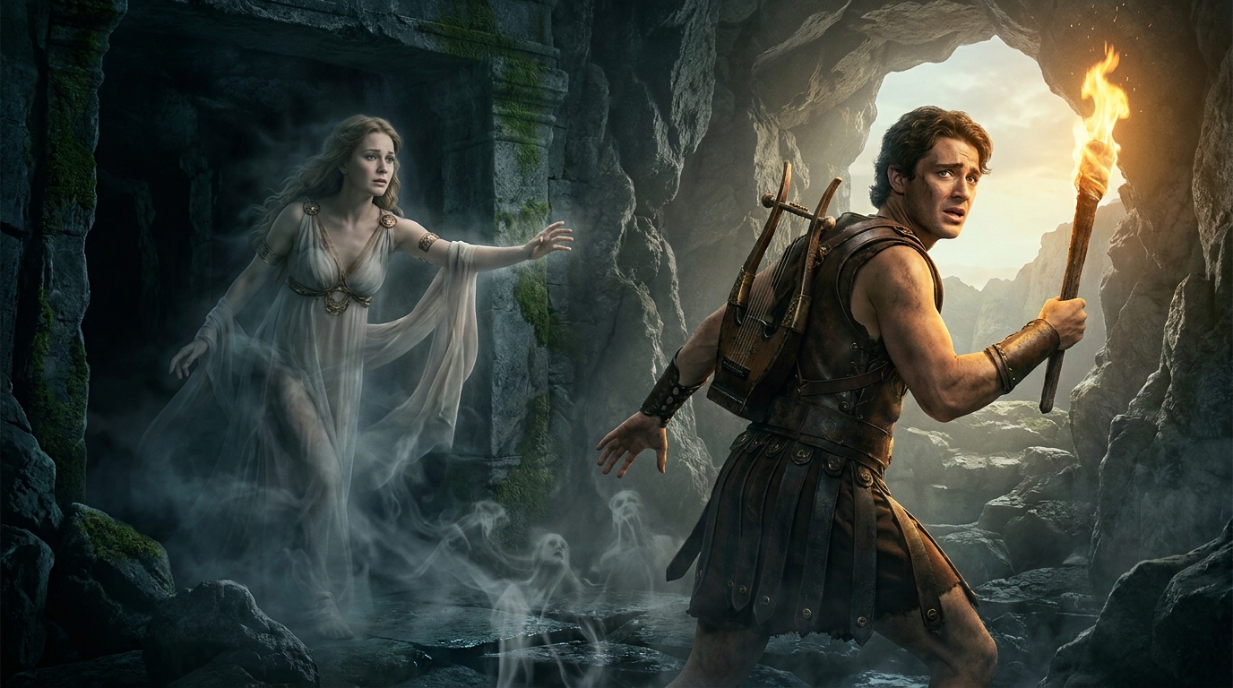 Orpheus turning at the threshold of the Underworld, his face stricken, as Eurydice, an unmistakably adult woman in pale drapery, fades backward into shadows with an outstretched hand, torchlit stone passage and a faint glow of daylight ahead