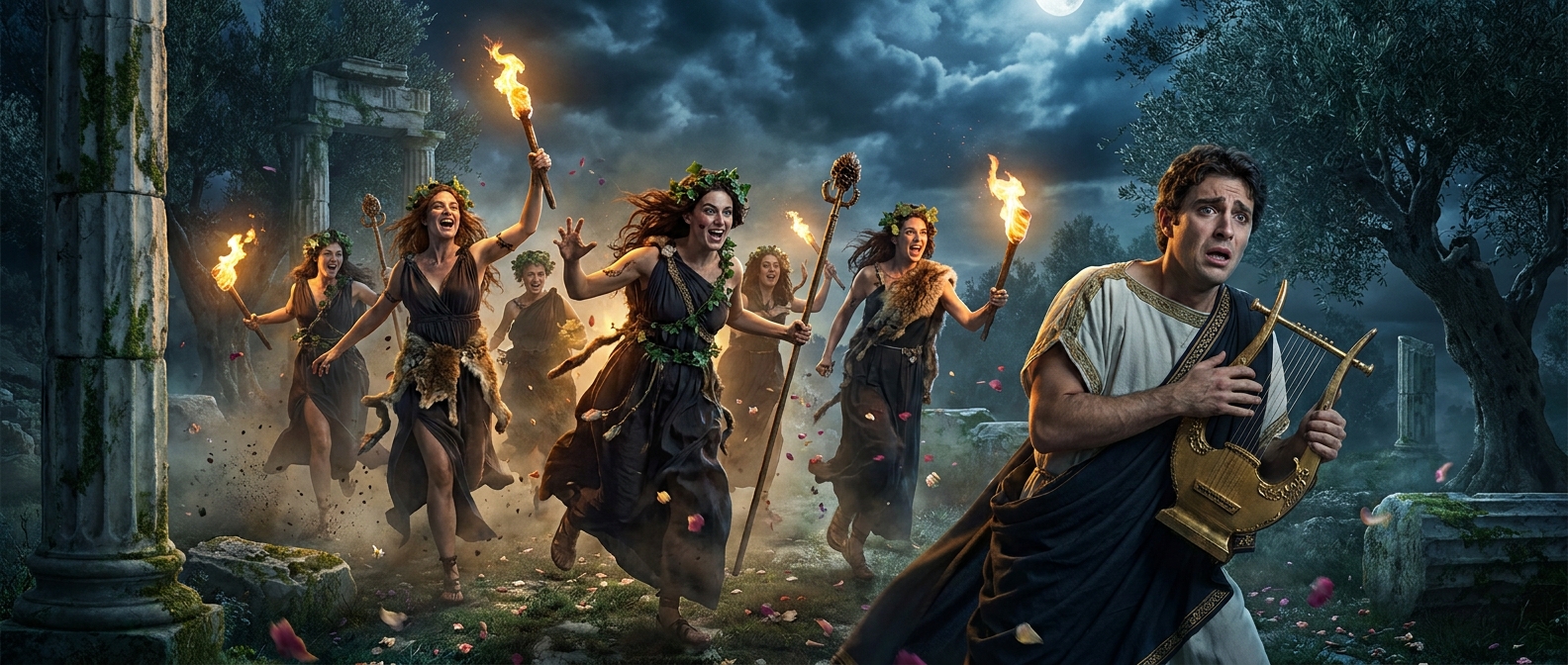 A moonlit sacred forest with adult Maenads in flowing ancient Greek garments and vine wreaths rushing in Dionysian frenzy toward Orpheus, who clutches his lyre in terror and sorrow, torchlight and shadows creating a dramatic, painterly scene
