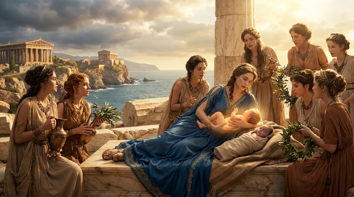 Leto reclining on Delos after giving birth, with infant Apollo glowing softly in her arms and Artemis nearby as a solemn newborn, goddesses and nymphs gathered with bronze jewelry and flowing drapery, marble ruins and sea cliffs under dramatic golden sunlight, high-gloss cinematic Greek mythology realism