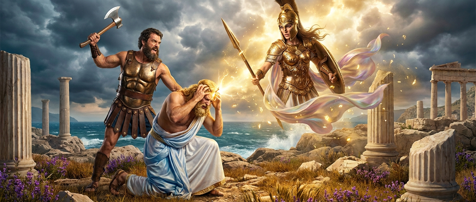 Hephaestus raising a bronze axe as Zeus kneels in agony, the moment the god's skull splits and Athena emerges in gleaming armor with spear and shield, divine golden light exploding against storm clouds and marble columns, high-gloss cinematic Greek mythology realism