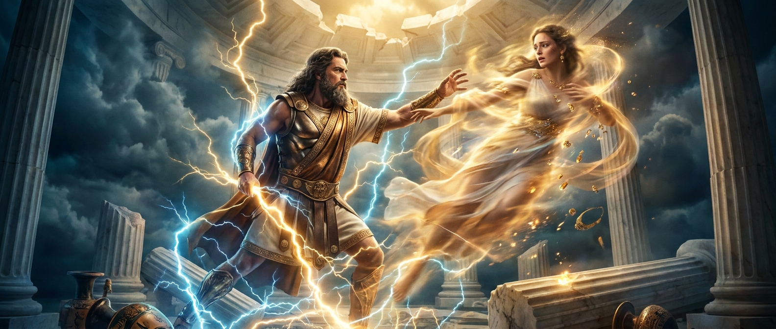Zeus in a marble thunder hall of Olympus swallowing Metis as she shifts forms in a desperate blur of divine light, lightning coiling around bronze jewelry and flowing drapery, tense cinematic myth realism