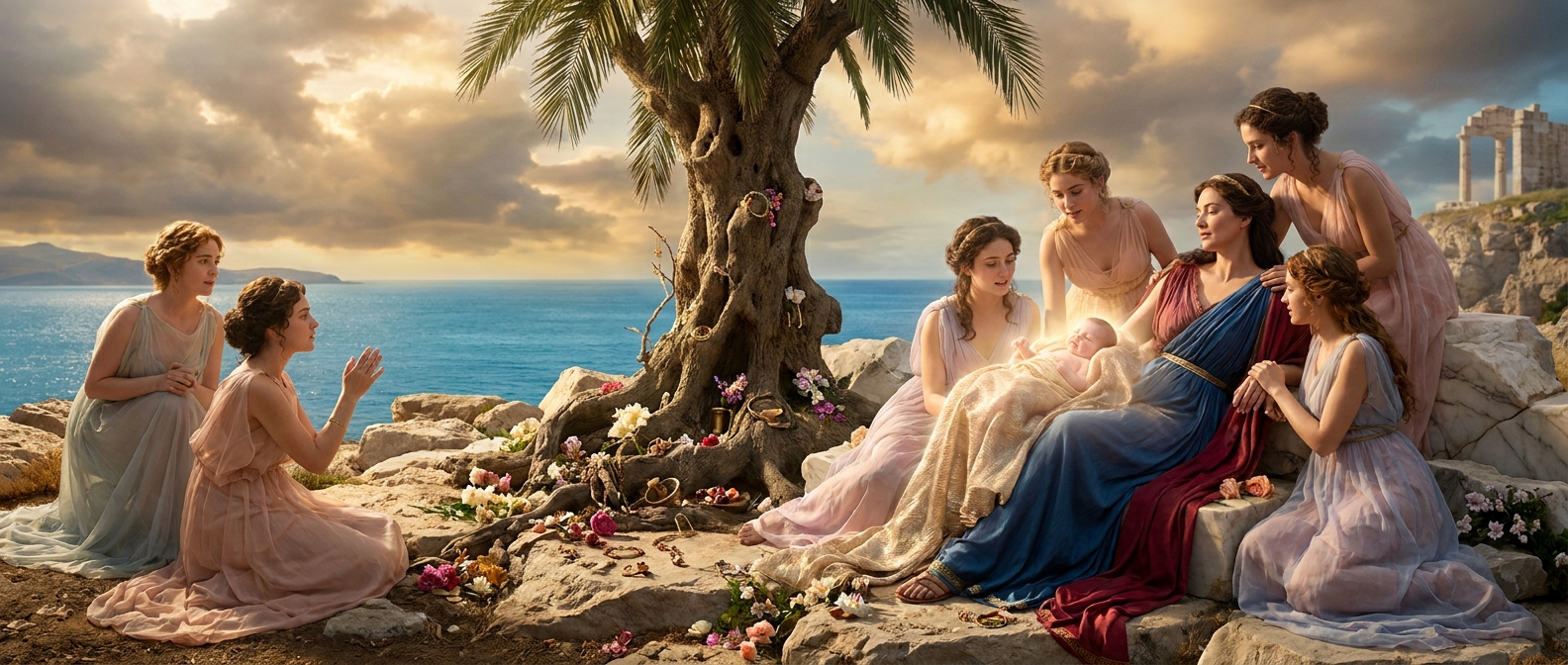 The newborn Artemis emerging into the world beside a sacred palm on Delos, with Leto supported by gentle nymphs, the Aegean sea shining behind marble rocks and scattered flowers, soft divine glow and saturated Mediterranean colors, cinematic mythic realism