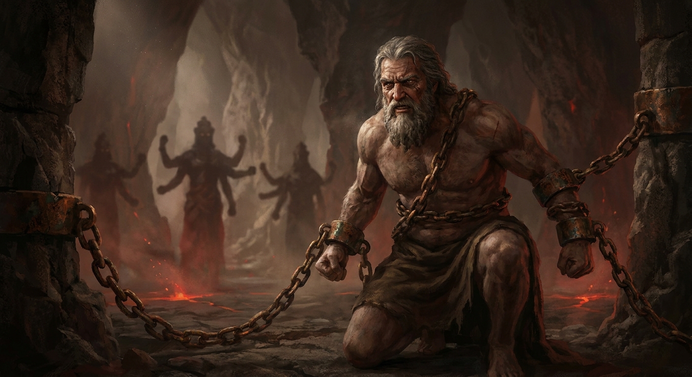 Cronus, an adult Titan with a weary, defiant expression, bound in massive bronze chains in the cavernous darkness of Tartarus; faint red underworld glow, distant silhouettes of Hundred-Handers standing guard, heavy shadows and mythic scale