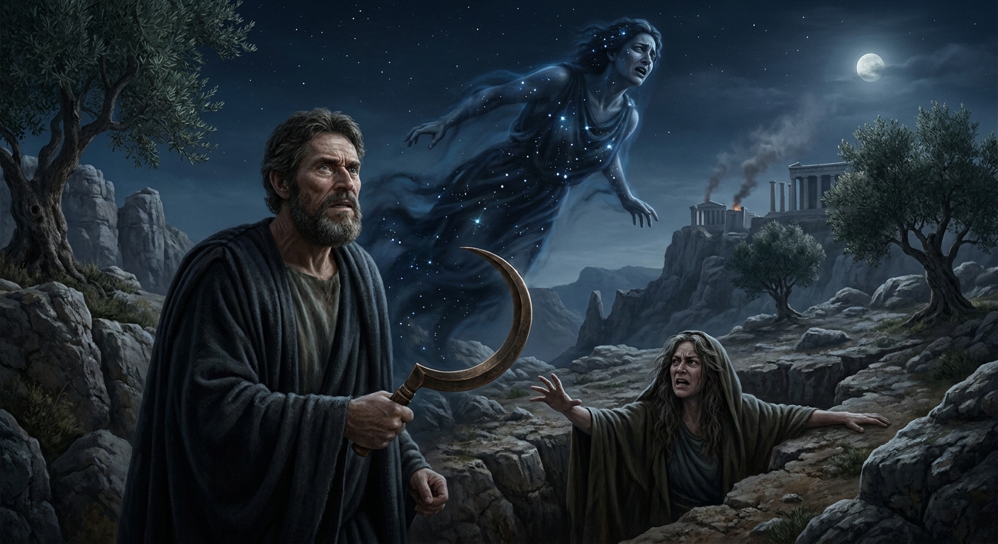 Cronus, an adult Titan with tense resolve, wielding a curved sickle in a moonlit primordial landscape as Uranus, an adult sky god with a vast starry presence, recoils above Gaia, the earth goddess rising from the ground with grief and fury, distant marble cliffs and temple smoke, dramatic cinematic lighting, painterly realism, no explicit gore
