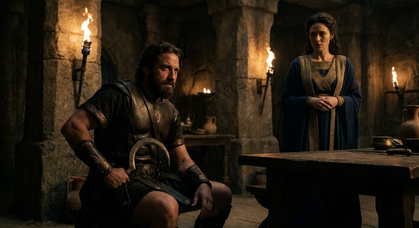 Cronus and Rhea in a shadowed Titan palace, Cronus tense and suspicious with a sickle at his side while Rhea watches with controlled fear, torchlight reflecting on stone pillars, cinematic realism