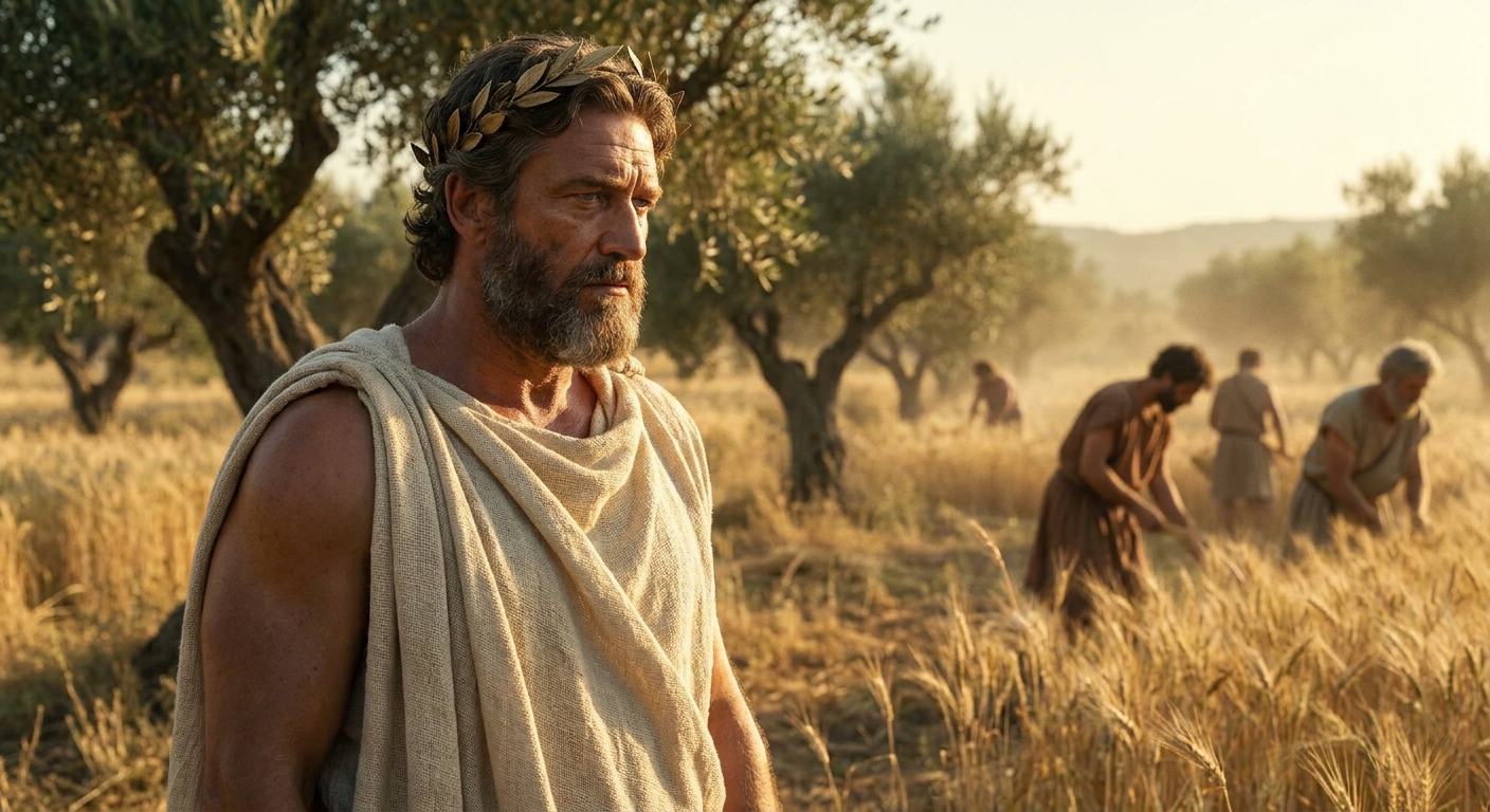 Cronus as a regal adult Titan in a laurel crown and pale linen cloak, standing in a sunlit ancient Mediterranean field of wheat and olive trees; farmers in the distance work peacefully, warm golden light, painterly cinematic realism