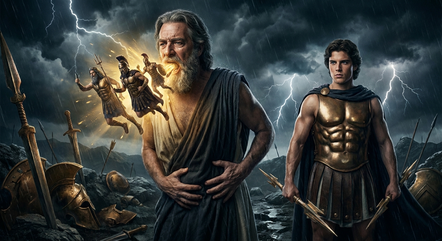 Cronus in agony disgorging the swallowed Olympians on a stormy divine battlefield while Zeus stands nearby, lightning illuminating bronze armor and swirling cloud