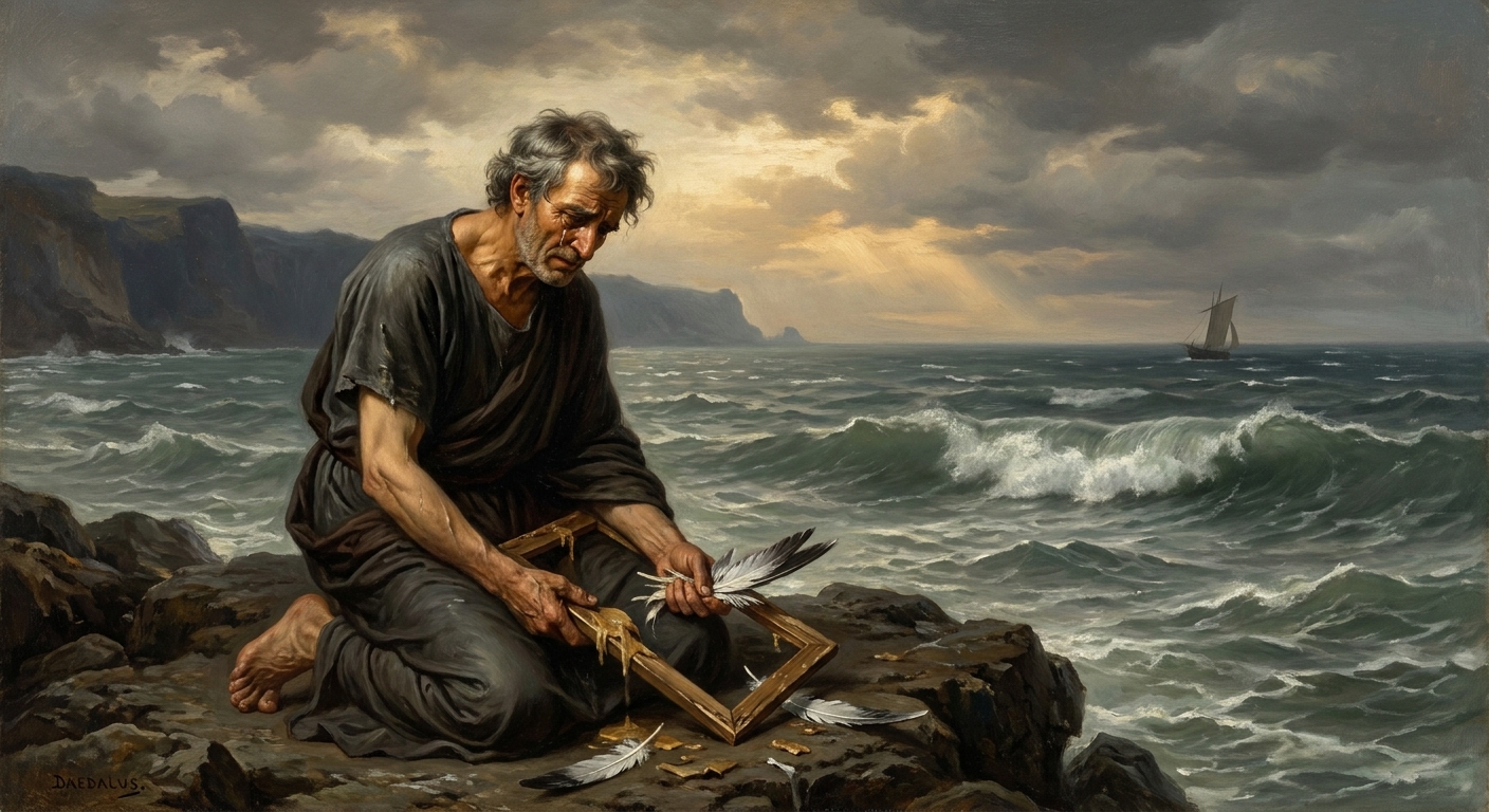 Daedalus kneeling on a rocky shoreline holding broken feathers and remnants of wax, stormy sea behind him, ancient Greek clothing damp and wind-torn, raw grief and guilt, cinematic golden-gray light
