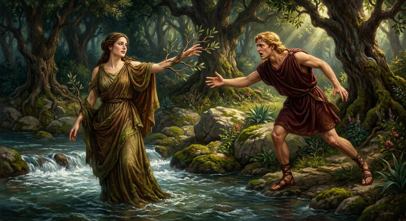 Daphne, an unmistakably adult woman in flowing ancient drapery, mid-transformation into a laurel tree beside a river, her fingers becoming leaves as Apollo reaches toward her in shock and longing, sunlit forest with dramatic shadows, cinematic painterly realism