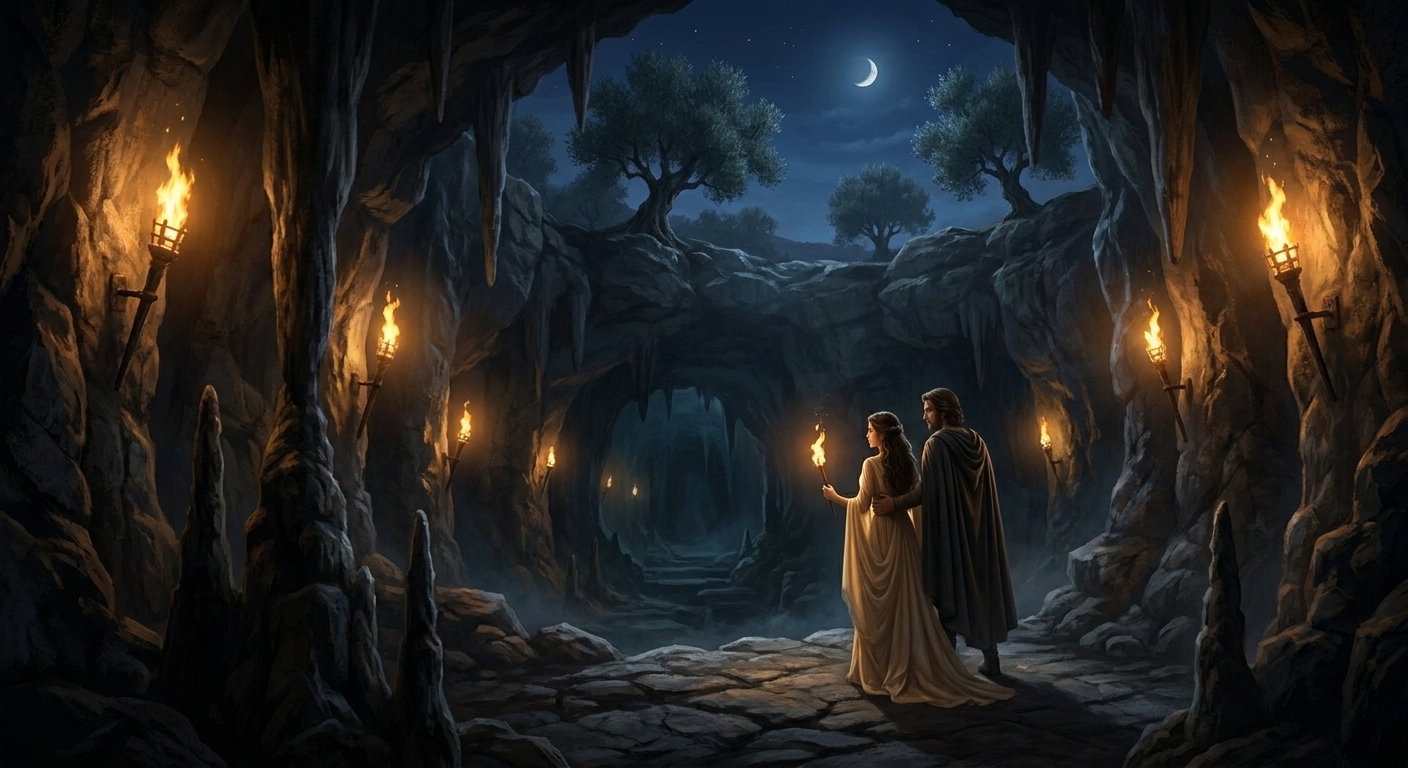 Dark cave entrance at night with warm torchlight illuminating stone and heavy shadows, evoking a threshold to the Underworld