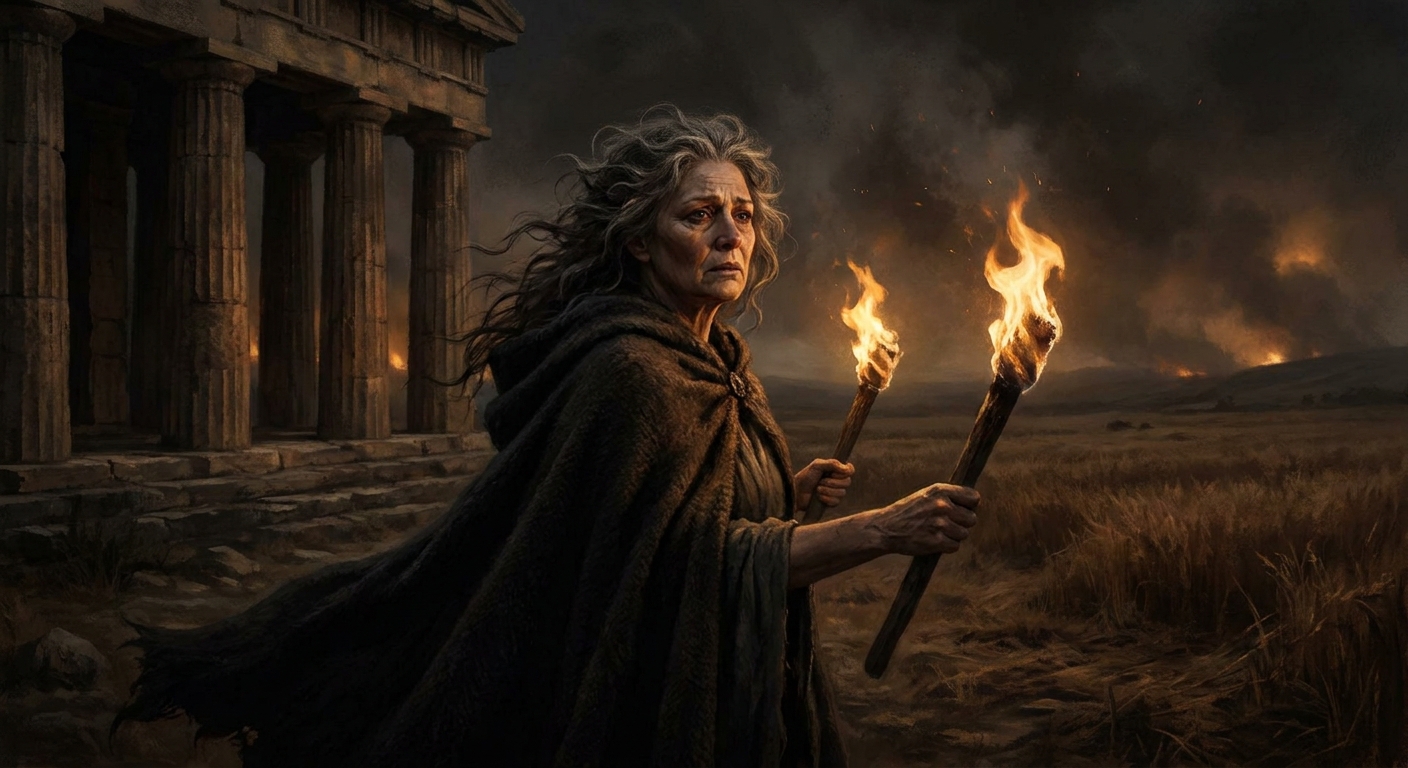 Demeter, an adult goddess with wind-tossed hair and a grief-hardened face, holding twin torches outside a stone temple at night, dry fields stretching behind her, ash and smoke in the air, cinematic chiaroscuro lighting