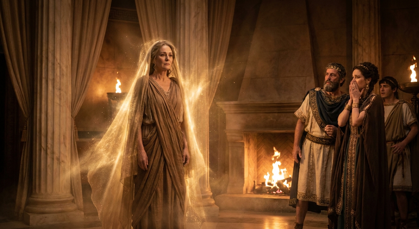 Demeter revealing her divine form inside a torchlit palace hall at Eleusis, her veil falling back as golden light radiates from her, startled royal family recoiling near a blazing hearth, ancient Greek marble and bronze details