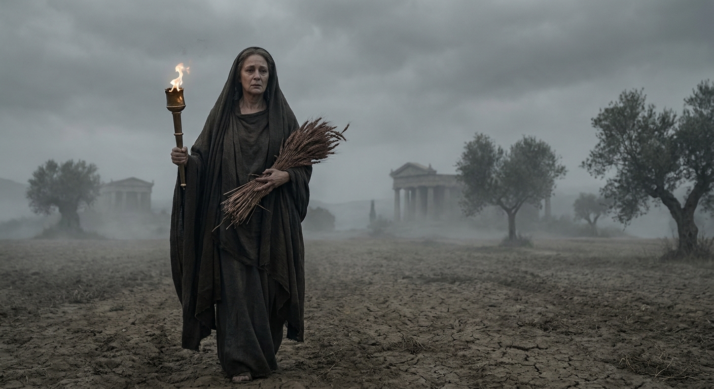 Demeter walking through a barren ancient field under a gray sky, holding a torch and a sheaf of withered wheat, her face grief-stricken and resolute, distant temples and olive trees fading in mist, cinematic painterly realistic myth drama