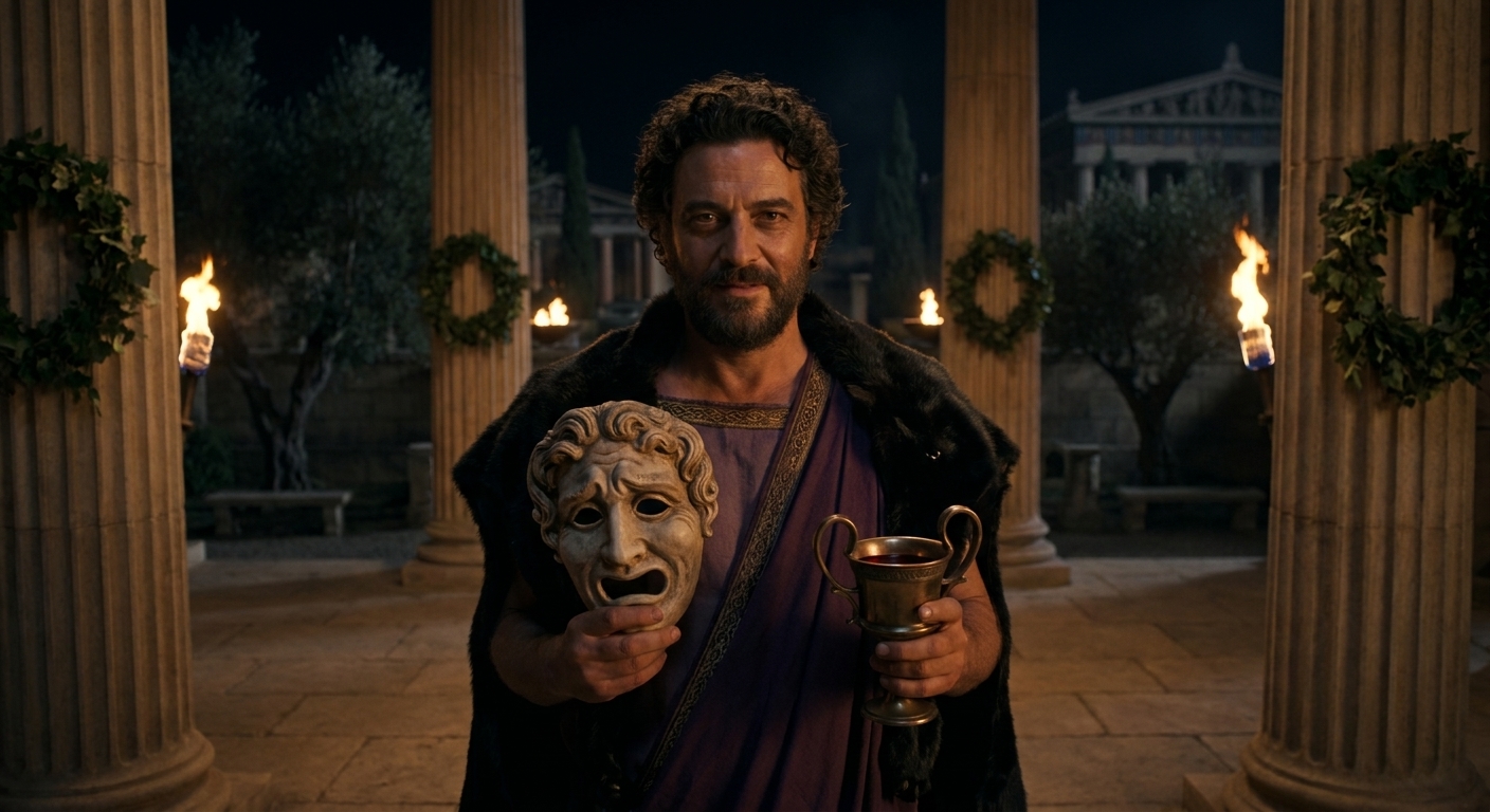 Dionysus appears with a theatrical mask and a cup of wine, his expression both inviting and unsettling, as torchlight flickers in an ancient Greek setting.