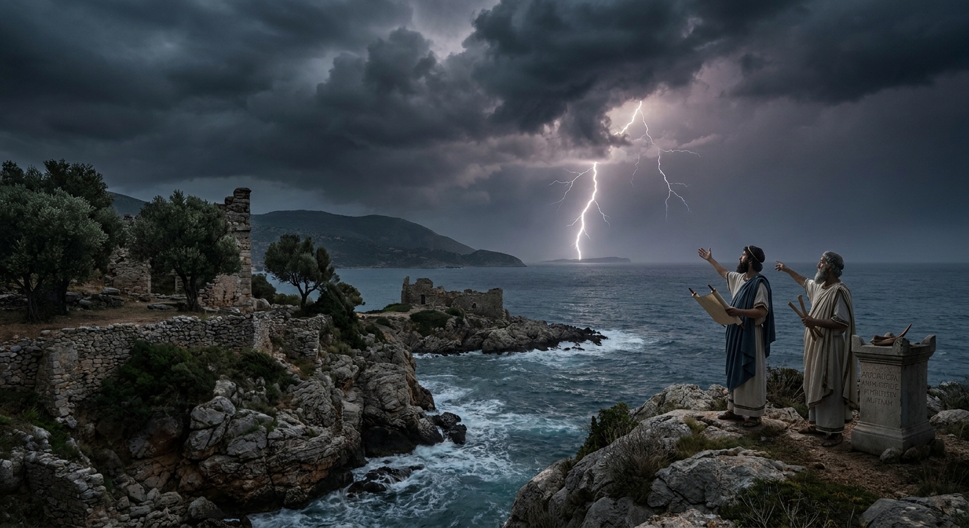 Dramatic storm over a rocky Greek landscape with visible lightning, linking natural weather to divine signs and interpretation.