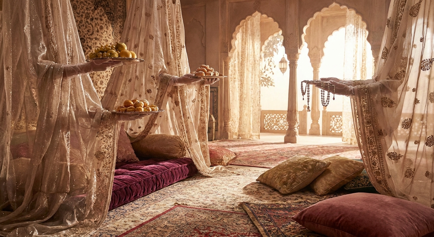 Dreamlike palace interior with rich textiles and open colonnades, while invisible hands present food and jewelry, conveying luxurious care without a visible host.