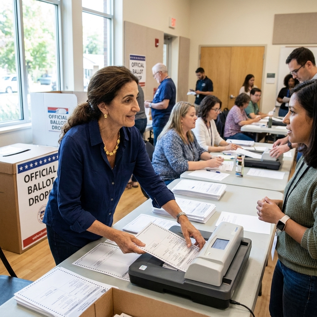 Election workers sorting and scanning paper ballots during a municipal election count inside a civic building, photojournalism style