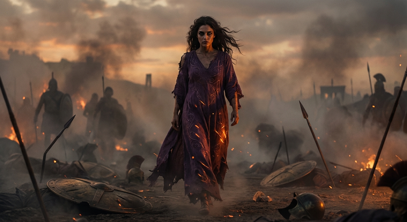 Eris as an adult goddess moving through a smoky Trojan War battlefield at dusk, eyes fierce and unblinking, her dark robe catching ember light as fallen shields and spears lie in the dust, suggesting strife as a living presence