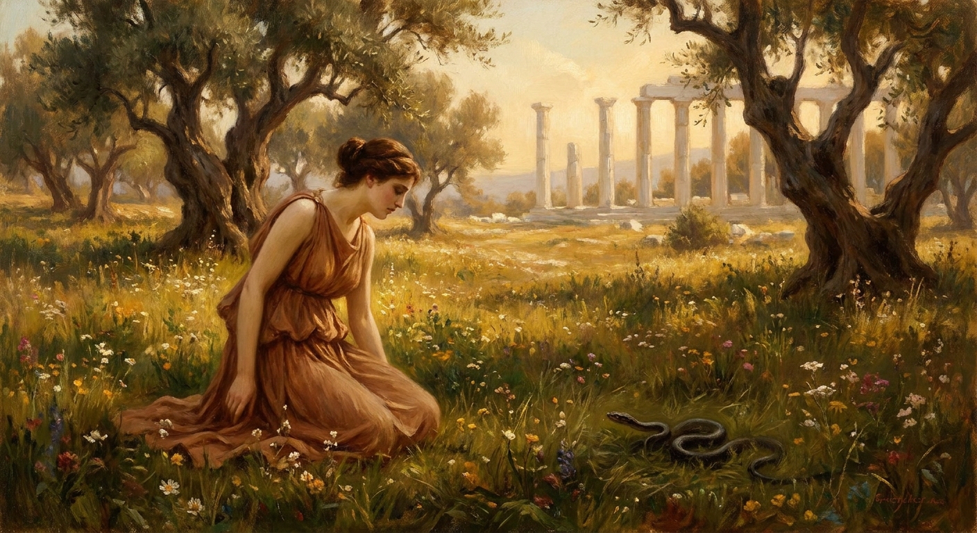 Eurydice, an adult woman in a flowing peplos, collapsing in a sunlit Mediterranean meadow as a serpent coils in the grass nearby, olive trees and distant marble columns behind her, painterly realism with tragic stillness