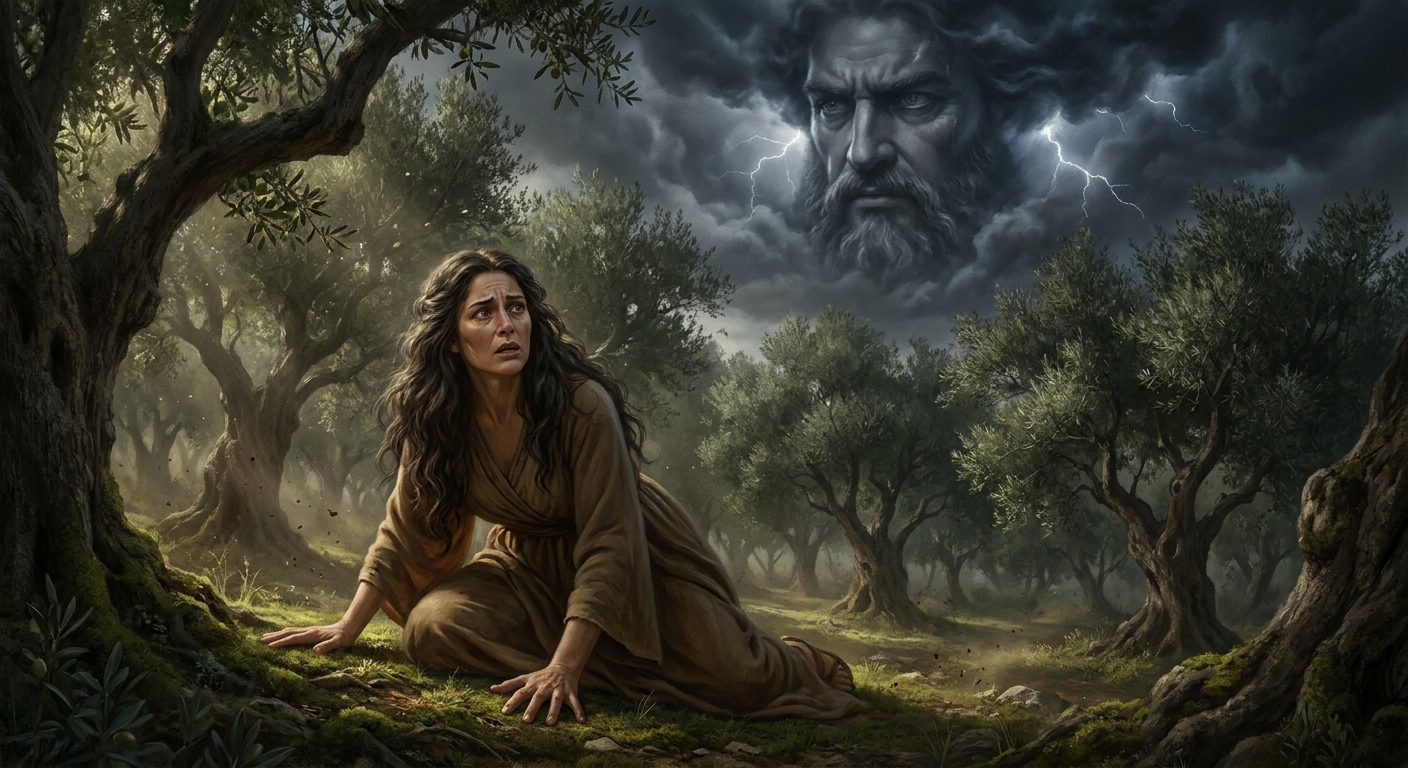 Gaia as an adult goddess in a shadowed sacred grove pressing her palm to the ground as storm clouds form the face of Uranus above, tension and fear in her expression, dramatic Mediterranean light, painterly cinematic realism, prestige fantasy film still