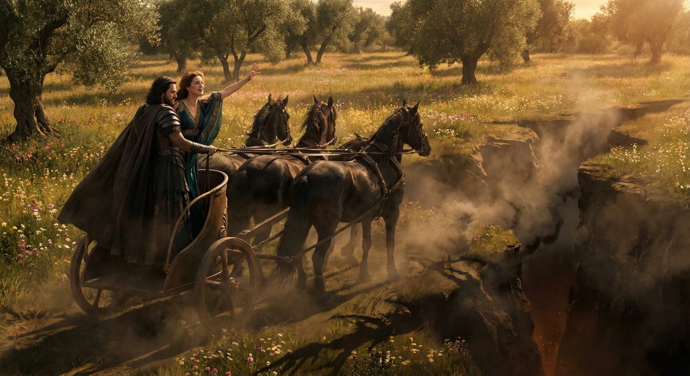 Hades abducting Persephone in a bronze chariot as the earth splits open in a sunlit meadow, Persephone an unmistakably adult goddess in flowing robes reaching back toward the surface, Demeter’s fields and wildflowers blurring behind, dramatic dust and underworld shadow below, cinematic painterly realism