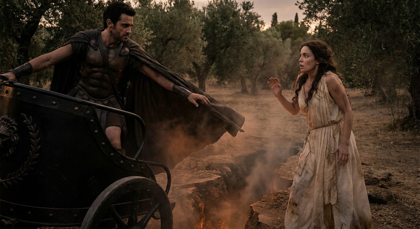 Hades, an adult god with a stern, controlled expression, in dark bronze armor and a shadowed cloak, reaching from a black chariot as the ground yawns open, Persephone recoiling in shock, underworld mist rising, cinematic close framing