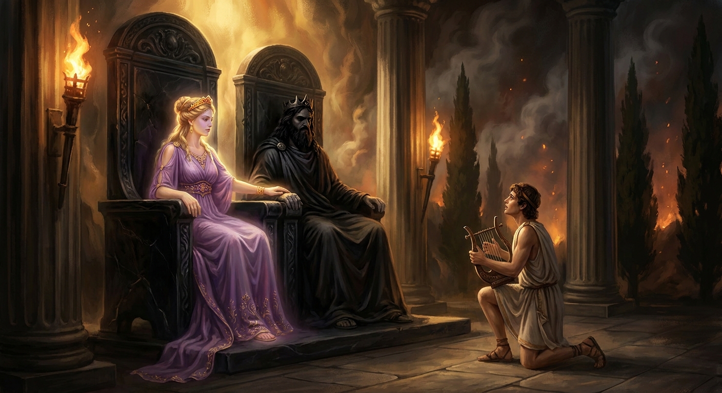 Hades and Persephone seated on dark stone thrones in the Underworld, Persephone in regal ancient Greek garments with a subtle divine glow, Hades in shadowed royal attire, while Orpheus kneels with a lyre in his hands, torchlit columns and cypress silhouettes behind
