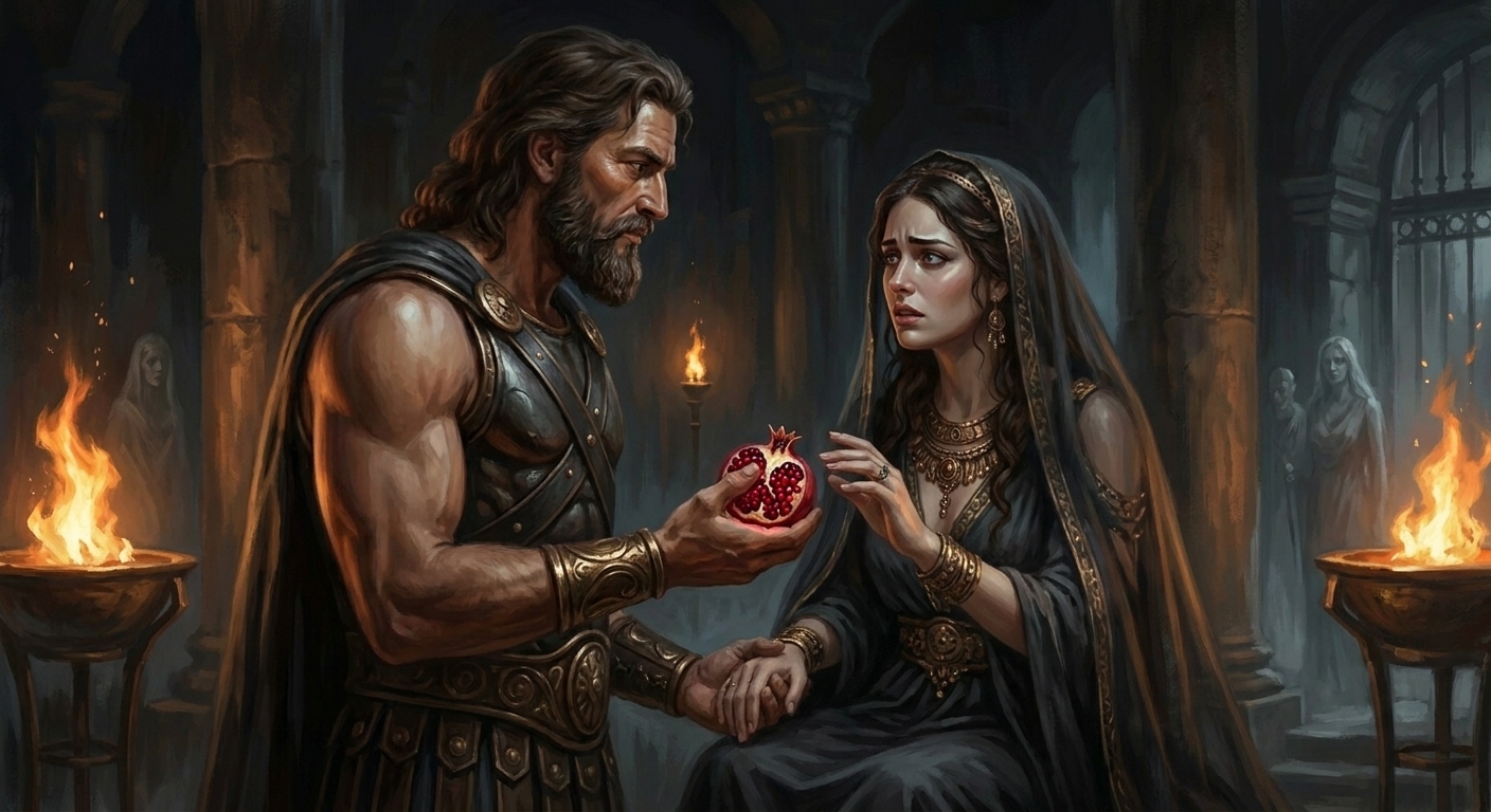 Hades offering Persephone a pomegranate in a torchlit Underworld hall, both unmistakably adult with tense regal intimacy, dark veils and bronze jewelry, pomegranate seeds glowing like rubies, cinematic realism, no text