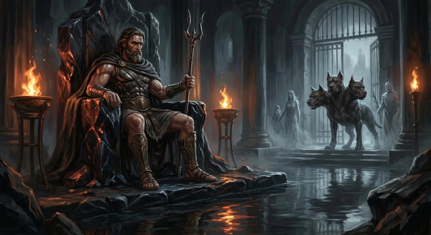 Hades seated on a dark stone throne beside a slow black river in the Underworld, torchlight reflecting on obsidian and bronze, distant shades and a three-headed hound at the gate, cinematic painterly realism, no text
