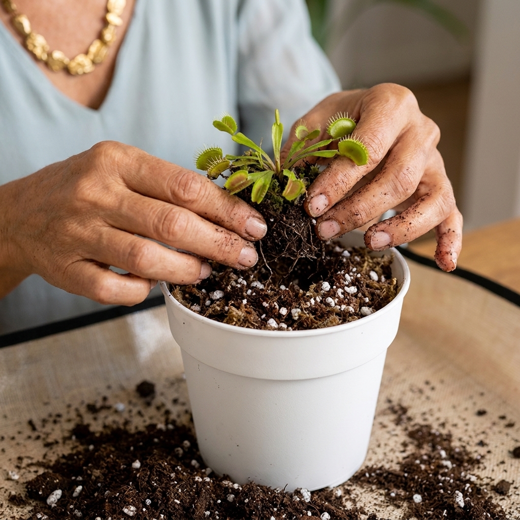 Hands repotting a Venus flytrap into a clean plastic pot filled with a moist peat moss and perlite mix, realistic close-up photograph