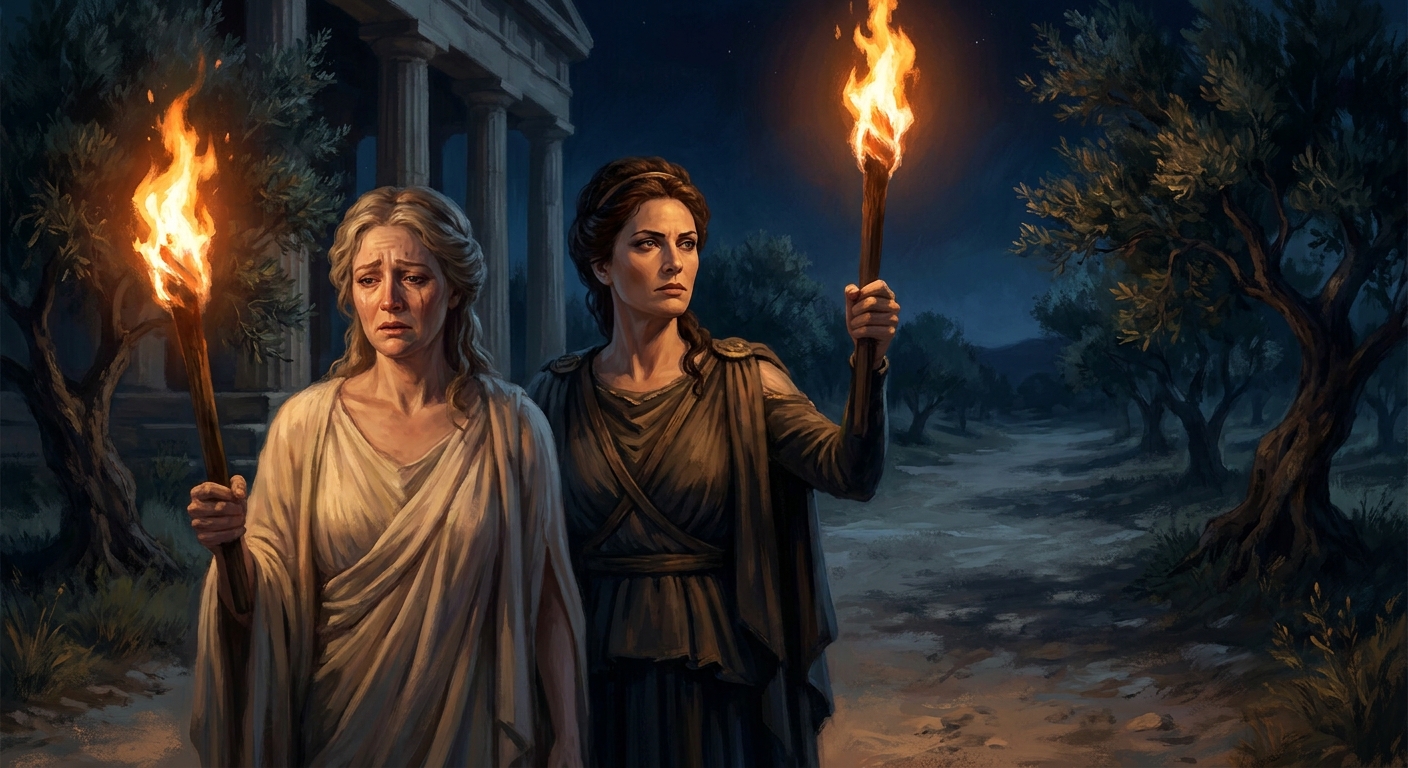 Hecate and Demeter as adult goddesses searching at night with blazing torches, Demeter grief-stricken in pale robes, Hecate stern and focused, olive trees and a moonlit temple road fading into darkness, cinematic shallow depth of field, painterly realism