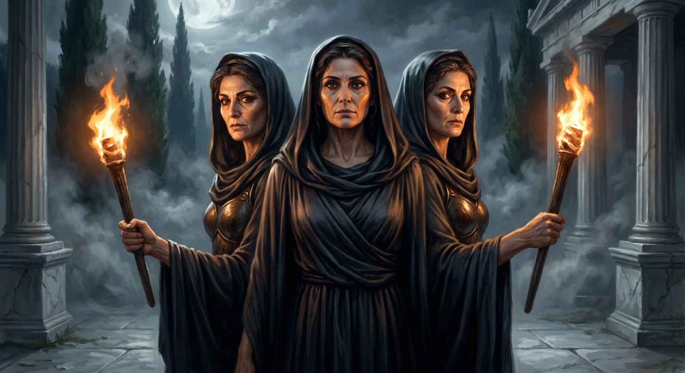 Hecate depicted as an adult triple-formed goddess standing back-to-back in a moonlit marble courtyard, tighter cinematic framing with intense expressive eyes, each figure holding a torch, bronze and dark silk drapery, temple smoke and cypress shadows behind, painterly realism