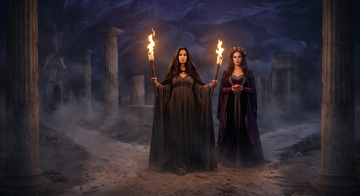 Hecate standing at a shadowy underworld crossroads holding two blazing torches, Persephone beside her in dark regal robes with a pomegranate in hand, drifting ash and faint marble pillars behind them, solemn faces and supernatural glow, cinematic painterly realistic ancient Greek underworld scene