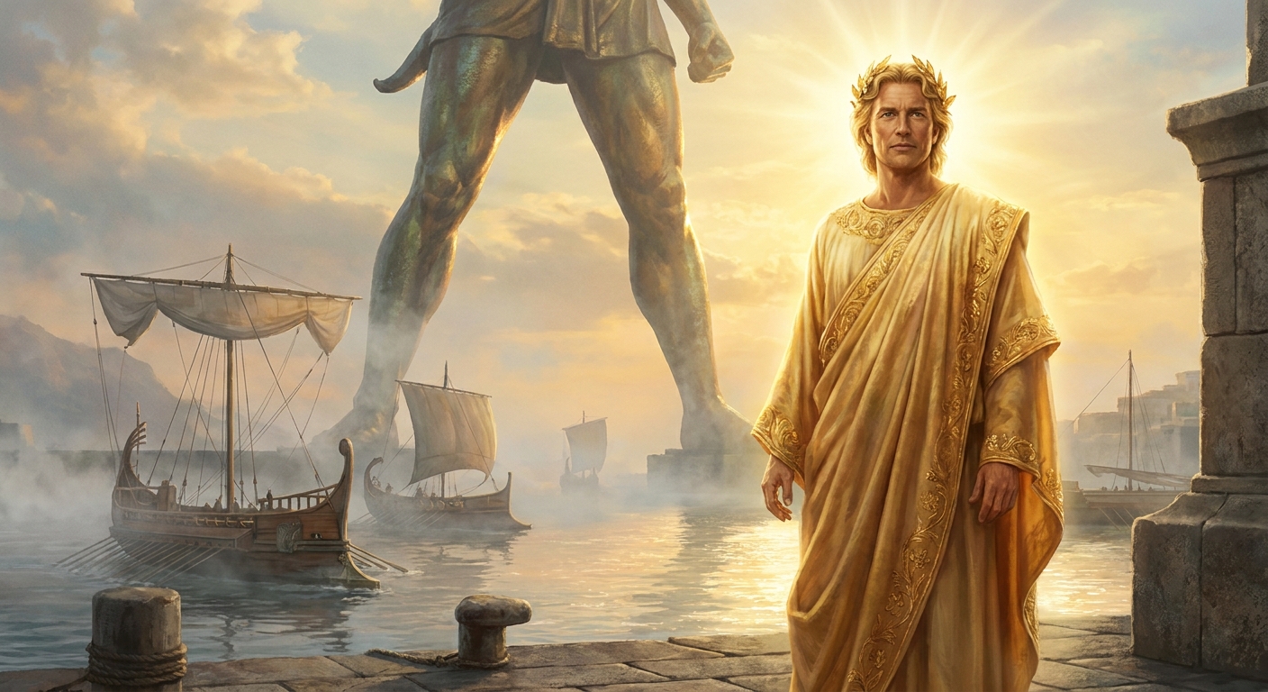 Helios as an adult radiant god standing at a Rhodian harbor at sunrise with a towering bronze colossus behind him, sea mist and ships below, warm gold light reflecting off metal and marble, cinematic prestige fantasy atmosphere
