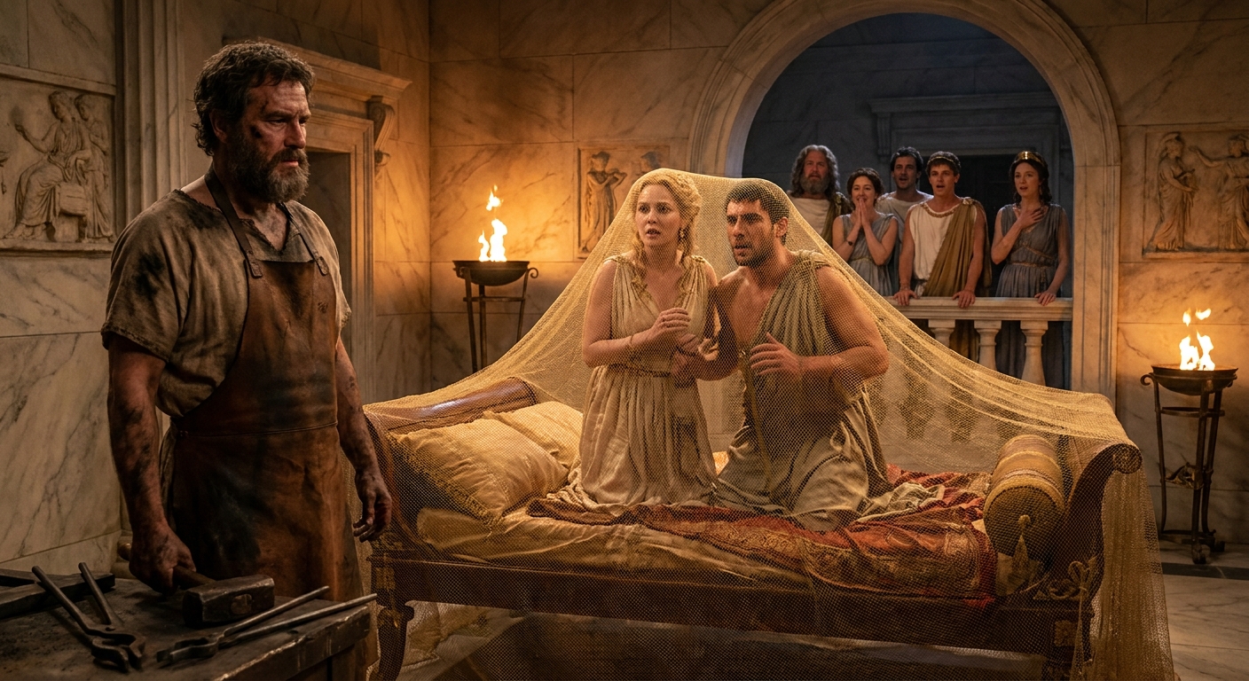 Hephaestus, a bearded god with soot-darkened hands and bronze tools at his side, standing in a marble chamber on Olympus as a fine golden net ensnares adult Aphrodite and adult Ares on a bed, other gods watching in shocked amusement, dramatic torchlight and cinematic realism