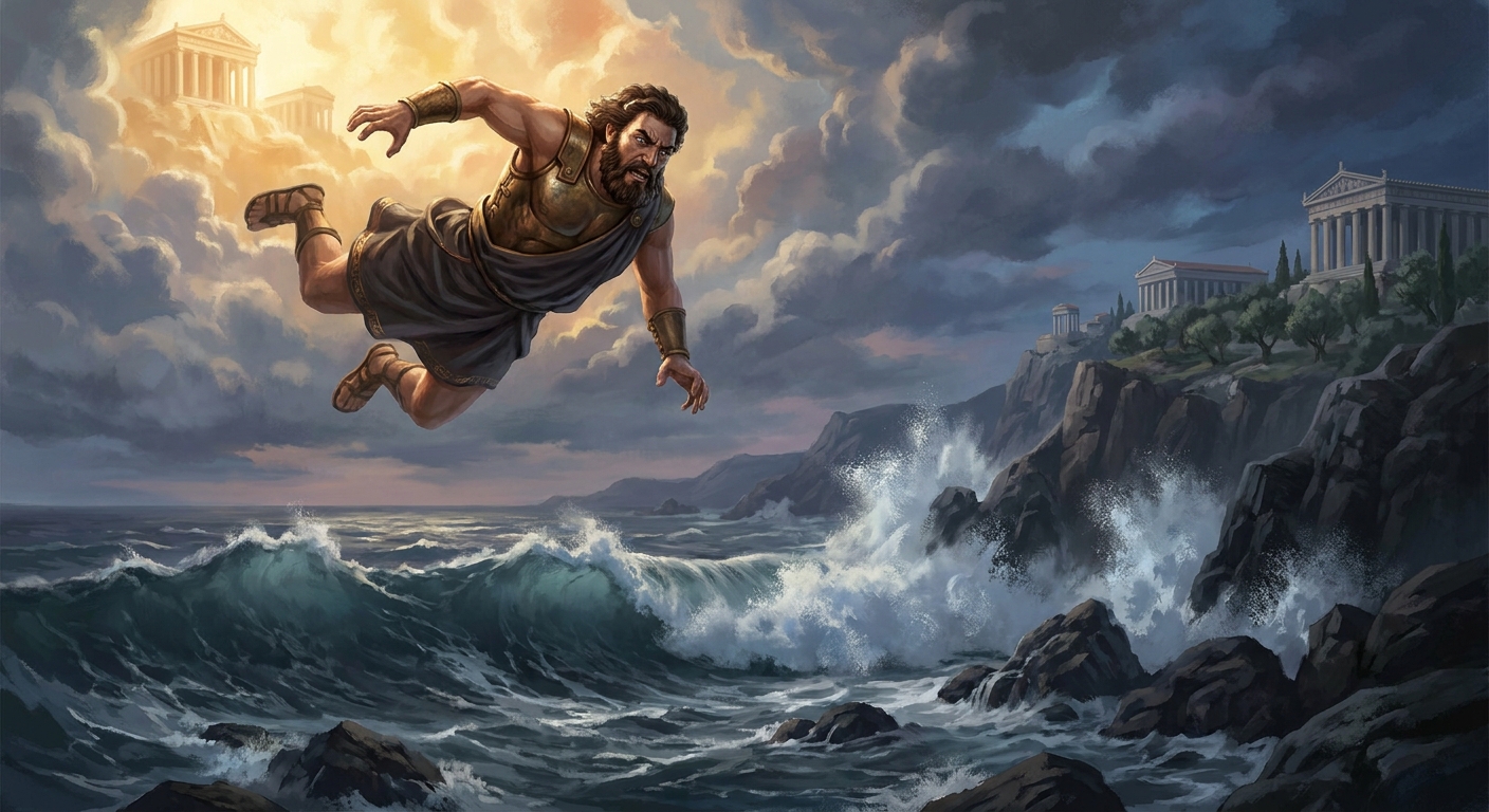 Hephaestus as an adult god falling from the bright heights of Olympus toward dark sea and rocky coast, sea spray rising, distant cliffs and temples, his face tense with shock and fury
