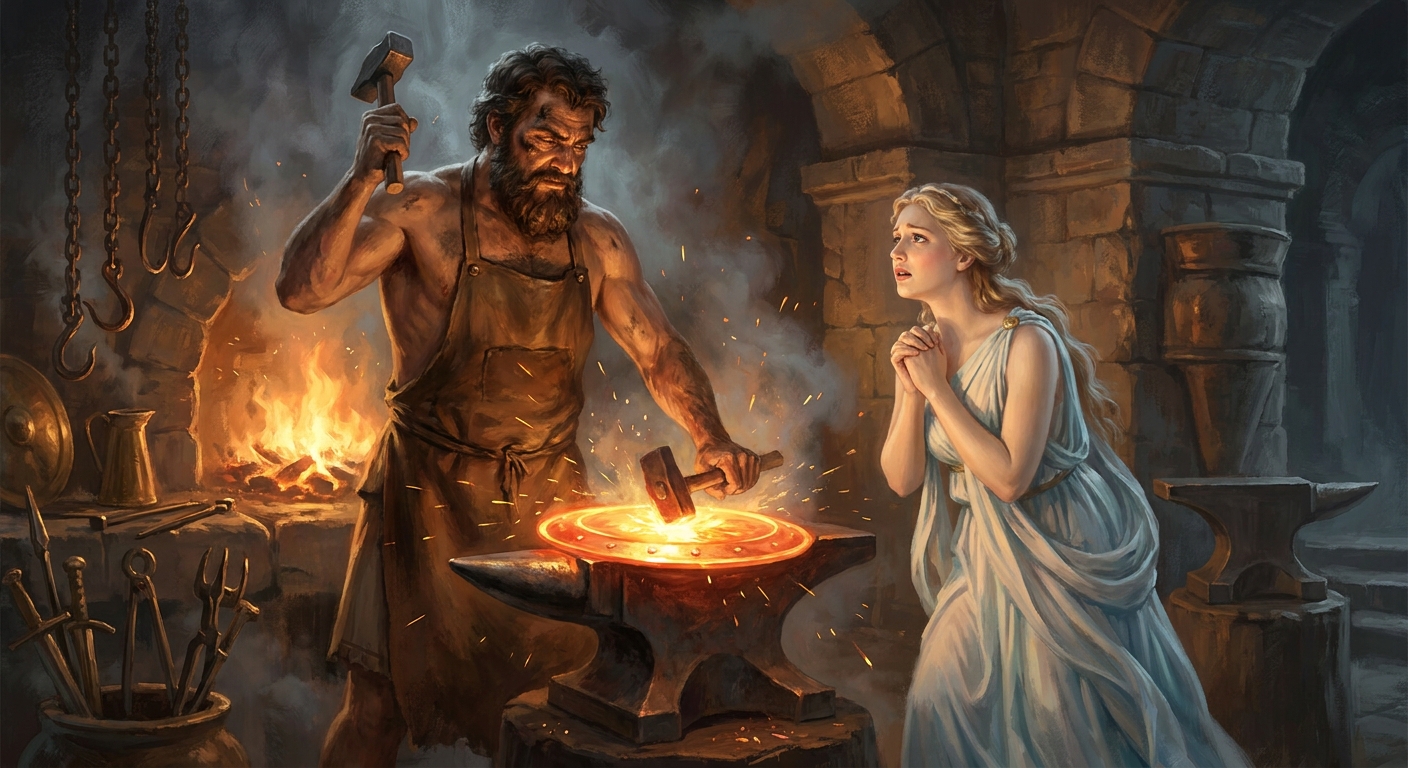 Hephaestus forging the Shield of Achilles at a blazing anvil while Thetis, an adult sea-nymph in flowing pale drapery, watches with anxious reverence, molten metal glowing like sunrise, bronze tools around the forge