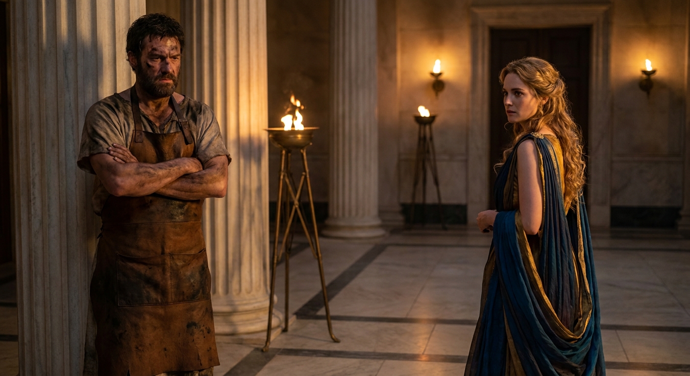 Hephaestus in soot-streaked workshop attire faces Aphrodite in elegant drapery inside a marble Olympus hall lit by torchlight, tense distance and conflicted expressions, cinematic myth realism