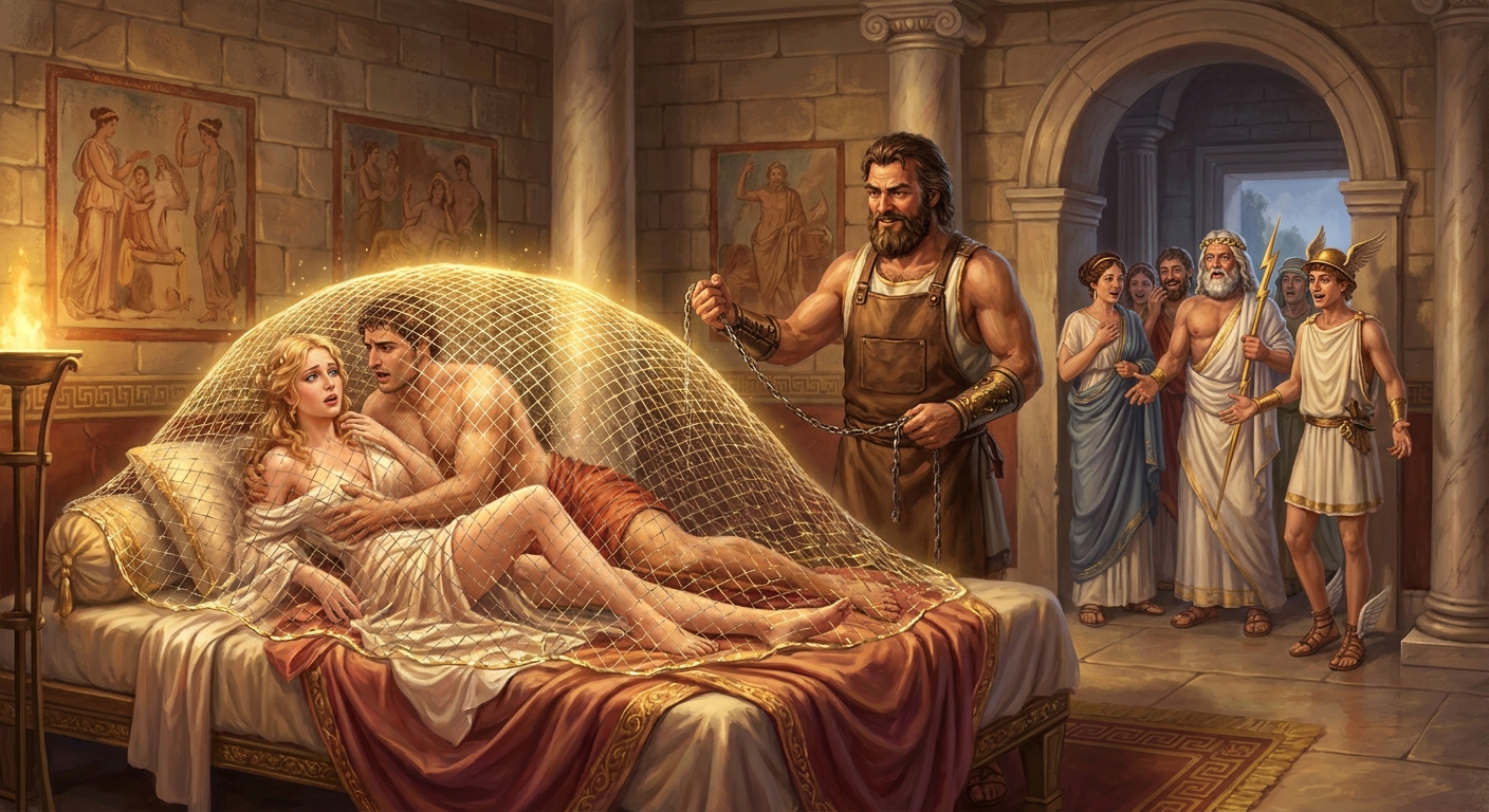 Hephaestus revealing a delicate shining metal net pinning Aphrodite and Ares on a luxurious bed inside an ancient Greek palace chamber, other adult gods gathered at the doorway reacting with shock and amusement, warm lamplight and marble details, classical drapery