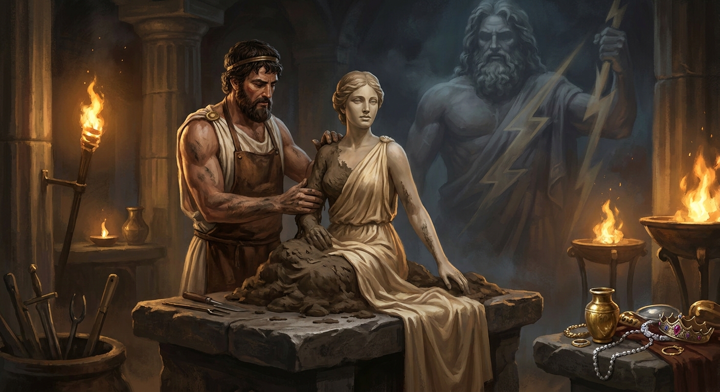Hephaestus shaping Pandora from clay in a torchlit workshop, an adult woman with serene features emerging from earth, Zeus looming in the background as a towering divine presence, other gods’ offerings gleaming on a stone table