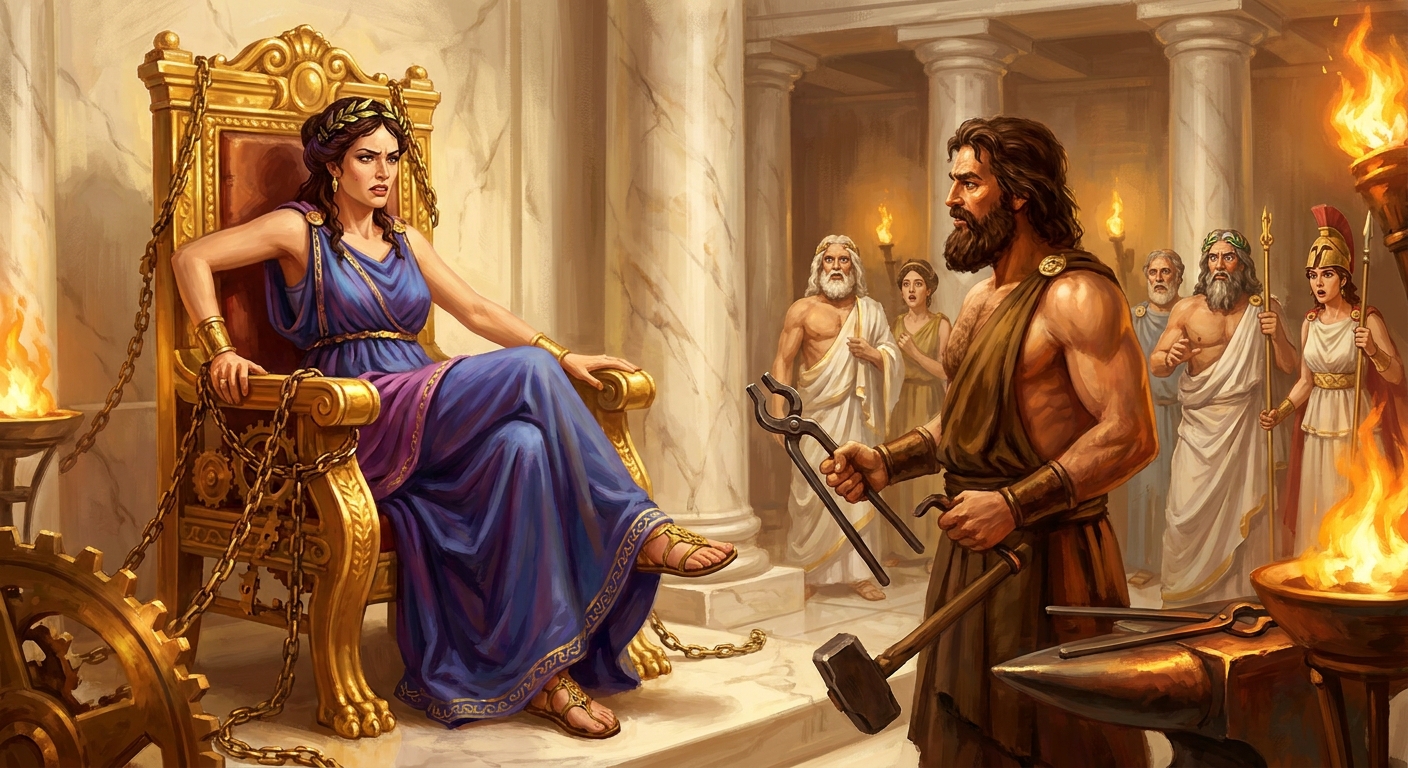 Hera, an adult goddess in a regal peplos and laurel crown, seated and trapped on a gleaming golden throne in a marble hall while Hephaestus stands nearby holding smithing tongs, torchlight reflecting off polished metal, other gods watching in alarm
