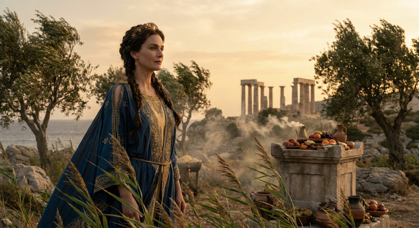 Hera as an adult goddess appearing near a sacred sanctuary by the sea, reeds and olive trees in wind, distant marble temple columns, offerings and incense smoke, Hera’s gaze serene and sovereign, cinematic golden dusk