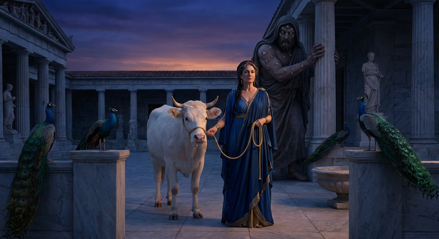 Hera, regal and adult, in a marble temple courtyard at twilight, receiving the white heifer Io on a golden tether while the giant Argus stands watch behind with many eyes gleaming, peacocks nearby with iridescent feathers, cinematic realism